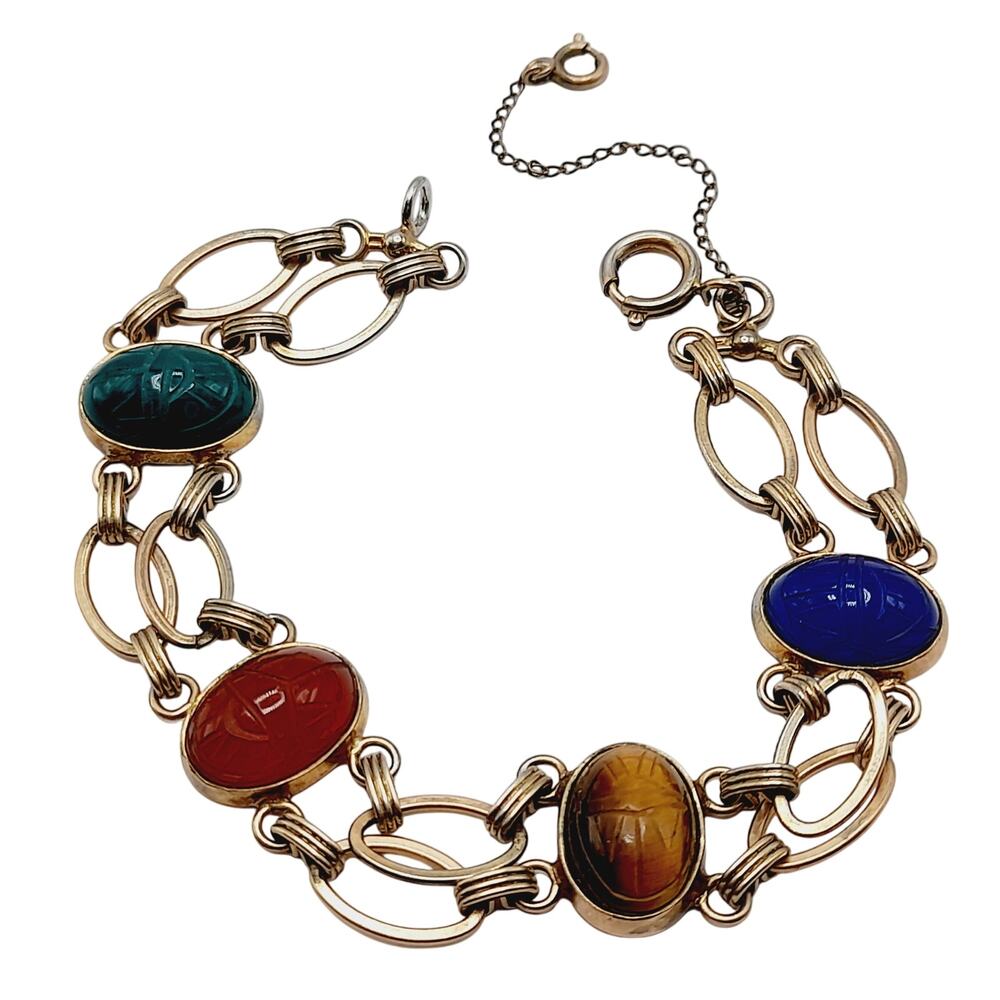 Vintage Scarab Bracelet Egyptian Revival Carved Stone Gold Tone 7.25